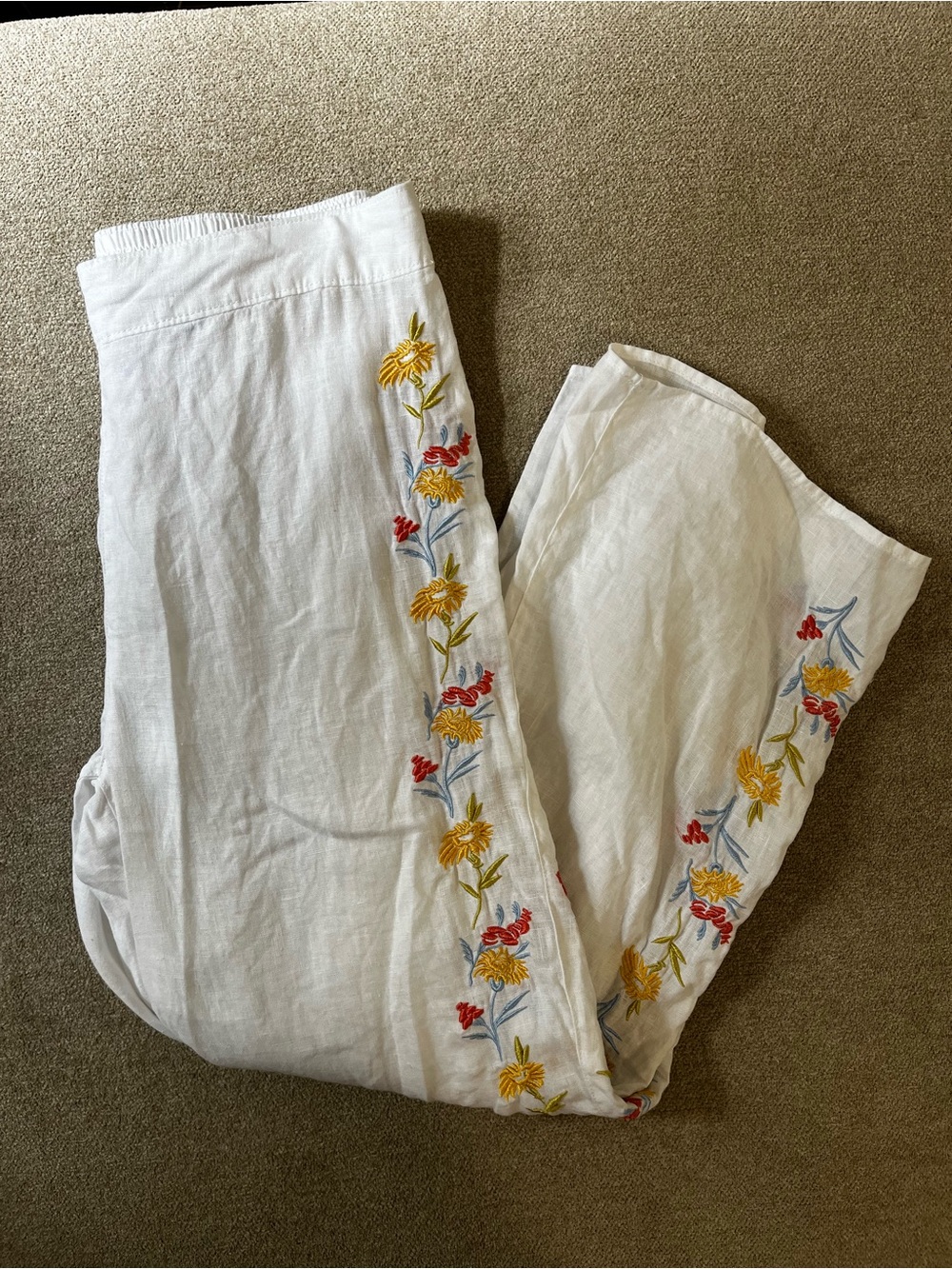 Calypso St Barth’s Linen Women’s Pants with Floral Embroidery Medium